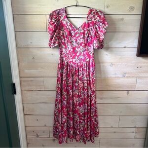 VTG Laura Ashley Floral Midi Dress Cottagecore Sz 10 Pink Puff Sleeves Low Back